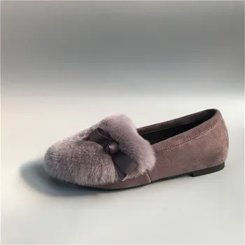 Winter Warm Hot Fashion Special Price Solid Slip-on Round Toe Butterfly-knot Flats Shoes Women Rabbit Fur Loafers Casual Shoes