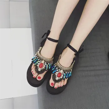 2017 New Platform Ethnic Style Crystal Gladiator Clip Toe Diamond Sandals Bohemia Sandals Pinch Cool Sandals Rome Shoes Women