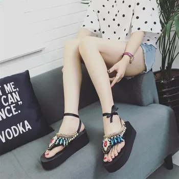 2017 New Platform Ethnic Style Crystal Gladiator Clip Toe Diamond Sandals Bohemia Sandals Pinch Cool Sandals Rome Shoes Women