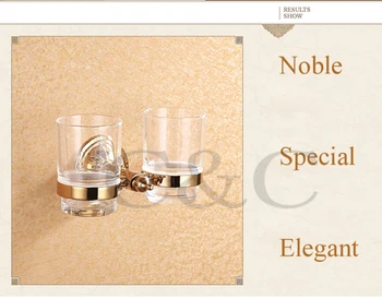 Noble And Elegant Solid Brass And Glass Gold Plating Bathroom Double Cup Tumbler Holders 1210