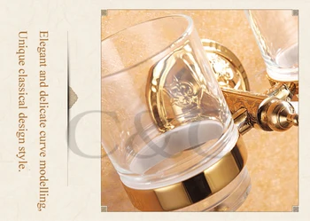 Noble And Elegant Solid Brass And Glass Gold Plating Bathroom Double Cup Tumbler Holders 1210