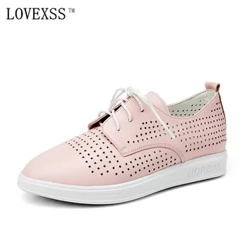 LOVEXSS White Casual Flats 2017 Spring Autumn Loafers Genuine Leather Woman Loafers Lace-Up Solid Black Pink White Casual Flats