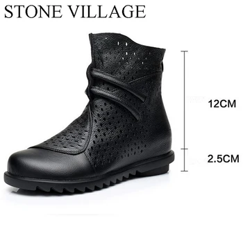 Genuine Leather Women Shoes Hollow Out Ankle Boots For Women Slip-On Flat Solid Women Boots Round Toe Platform Casual Shoes