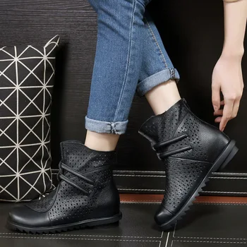 Genuine Leather Women Shoes Hollow Out Ankle Boots For Women Slip-On Flat Solid Women Boots Round Toe Platform Casual Shoes