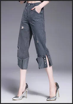 2017 Summer Women pants Wide leg loose calf-length Midi waist denim pants fashion casual female jeans