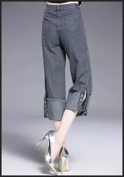 2017 Summer Women pants Wide leg loose calf-length Midi waist denim pants fashion casual female jeans
