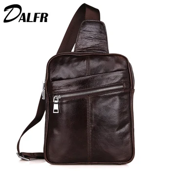 DALFR Genuine Leather Shoulder Bags Fashion Zipper Style Crossbody Bags 12 Inch Cowhide Water Proof Chest Pack