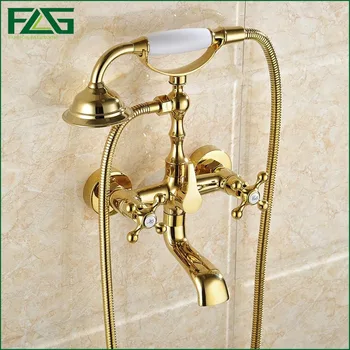 FLG Bathroom Retro Shower Set Faucet Antique Brass Gold Plated Mixer Tap Dual Handles Wall Mounted Bath Tap HS042