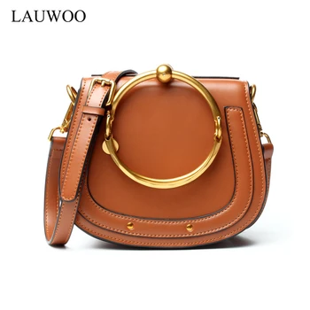 LAUWOO Women Vogue Saddle Bag Women's Napa leather Metal handstrap shoulder Bag Ladies fashion Genuine Leather messenger bag