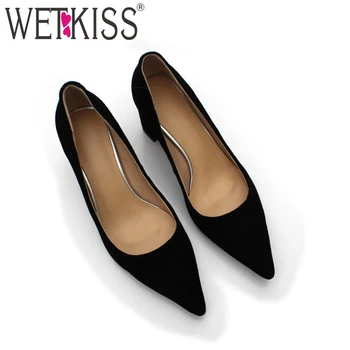 Fashion Genuine leather pointed toe suede women thick heels vintage summer women shoes high heels shoes woman