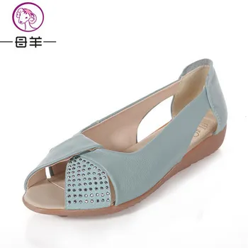 MUYANG Chinese Brands Genuine leather flat shoes Open Toe Rhinestone New Summer shoes Flip Flops Women flats Woman Sandals