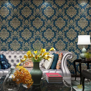 Beibehang European style retro Damascus sprinkle gold wallpaper dark blue wallpaper living room bedroom bedside background wall