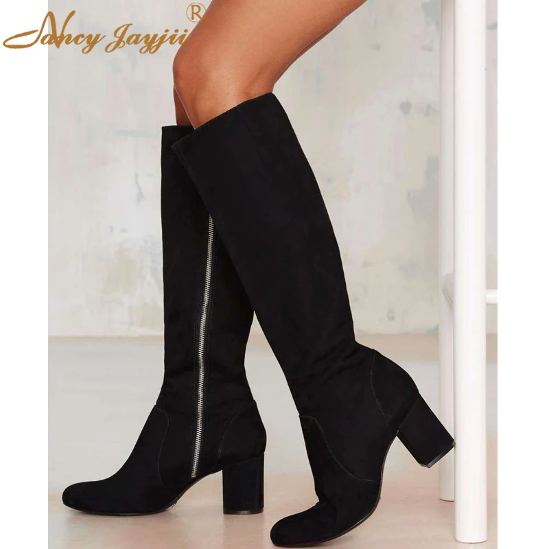 BC Women Black Suede Round Toe High Heels Knee-high Boots Shoes Woman Career &Party , Plus size 5-14, botas mujer winter boots
