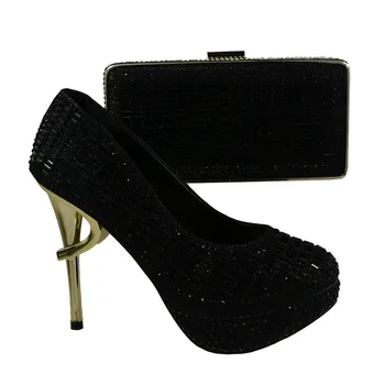 2693 Black Color African Shoes And Matching Bags With Rhinestones Italian Ladies Shoes And Bags For Party
