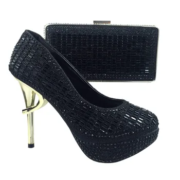2693 Black Color African Shoes And Matching Bags With Rhinestones Italian Ladies Shoes And Bags For Party