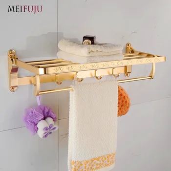 MEIFUJU NEW Space Alumnum Gold European Style Bathroom Accessories Foldable towel rack, oxidation aluminium towel rack with hook