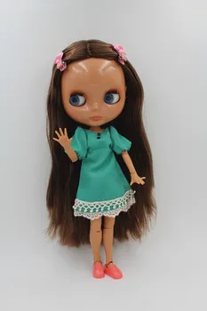 Blygirl Blyth doll, black skin joint body dolls, 19 joints, brown curly hair The hand can be rotated