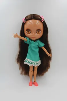 Blygirl Blyth doll, black skin joint body dolls, 19 joints, brown curly hair The hand can be rotated