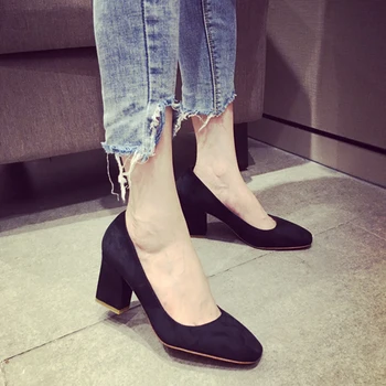 Spring and autumn woman shoes thick heel high heels blue black and pink color for your selection slip-on type comfortable