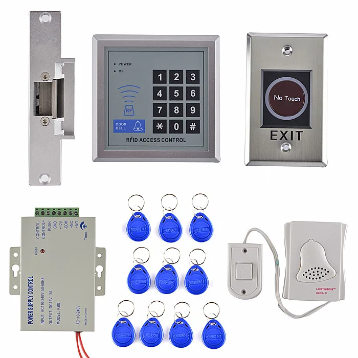 RFID Access Control System Full Kit Set + Electric Strike Door Lock+ NO Touch Switch+ Power Supply