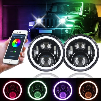RGB Halo 7 inch LED Headlights for Jeep Wrangler Plug and Play 7 inch LED Headlight bulbs with Bluetooth Function for Hummer H1