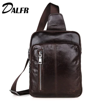 DALFR Genuine Leather Crossbody Bags 12 Inch Fashion Zipper Style Shoulder Bags Cowhide Solid Chest Pack Men