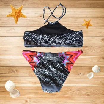 2017 Personality Women Bikini Set Bandage Neck Push-Up Padded Swimwear Swimsuit Beachwear Vintage Print Bathing Beach Suit ISP