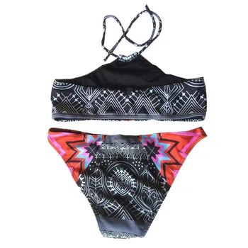 2017 Personality Women Bikini Set Bandage Neck Push-Up Padded Swimwear Swimsuit Beachwear Vintage Print Bathing Beach Suit ISP