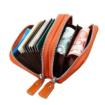 KEVIN YUN Fashion Brand Genuine Leather Women Card Holder Double Zipper Large Capacity Female ID Credit Card Case Bag Wallet