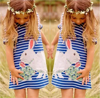 2016 New Lovely Rabbit Kids Baby Girls Navy White Striped Cartoon Tutu Cute Dress Outfits Clothing Summer Dresses 2 3 4 5 6 7y