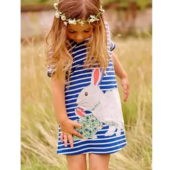 2016 New Lovely Rabbit Kids Baby Girls Navy White Striped Cartoon Tutu Cute Dress Outfits Clothing Summer Dresses 2 3 4 5 6 7y