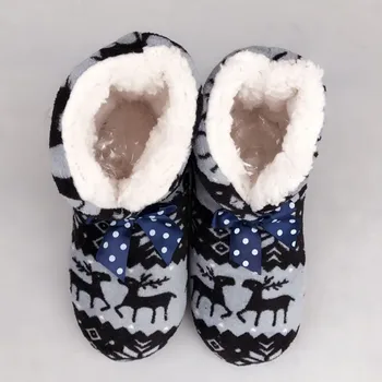 Winter Warm House Indoor Shoes Lovely Reindeer Pattern Plush Indoor Cotton Shoes Bota With Bow Non-slip EVA Sole Floor Slippers