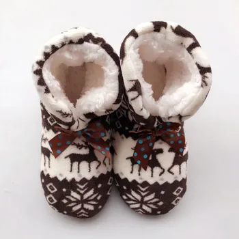 Winter Warm House Indoor Shoes Lovely Reindeer Pattern Plush Indoor Cotton Shoes Bota With Bow Non-slip EVA Sole Floor Slippers