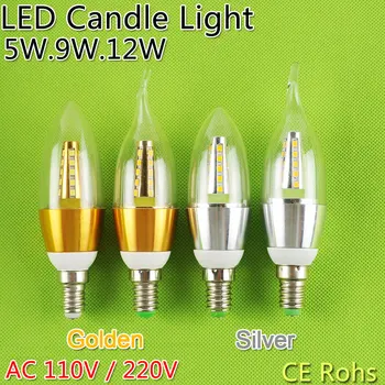 10pcs E14 LED Candle Bulb Golden Aluminum 9w 12w LED Light 220V Led Lamp Cool Warm White Lampada Bombillas Lumiere SMD 2835 COB