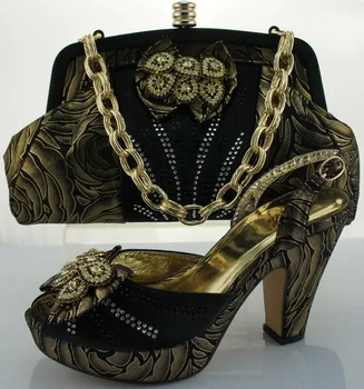 ME0018 Italian design matching shoes and bag set black color for wedding and party heels high for .