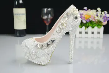 2016 New Platform Beautiful Pearl Lace White Wedding Shoes Women Pumps Party Dance Sexy High-Heeled Shoes 9/11/14 cm size 34-42