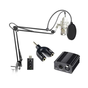 BM-800 Microphone Capacitor Professional Audio Computer +48 V Phantom Power + Sound Card + Bracket + Adapter + Filter Complete