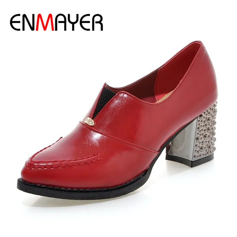 ENMAYER PU Material Slip on Pumps Shoes Woman Square Heels Pointed Toe Solid Large Size34-47 Casual Shallow Shoes