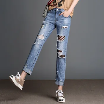 Mesh Hole Beggar Boyfriend jeans for Women 2017 Spring Summer Woman jeans Pants Sexy BF Loose Casual Denim Pants Plus Size 26-40