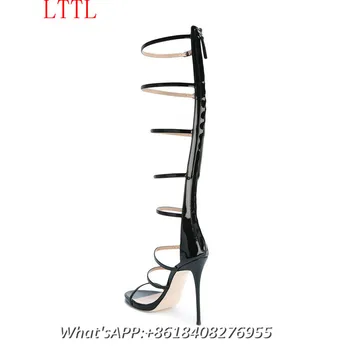 Knee High Gladiator Sandals 2017 Fashion Women Shoes Sandals Paint Leather Thin Heels Shoes Peep Toe High Heels Sandals Women
