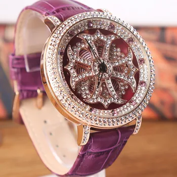 High Luxury Fashion Women Watch Ladies Pierced Crystal Wristwatches Full Diamond Mother's Day Gift Watch Genuine Leather Strap