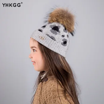2016The leopard print Children Winter Raccoon Fur Hats pompom Cap Natural Fur Hat For Both men and women of Children