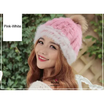 LIYAFUR Brand Russian Winter Knitted Rabbit Fur Women's Covered Ear Hat Natural Rabbit Fur Hats Caps with Raccoon Fur Ball