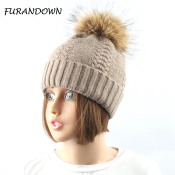 2017 New Raccoon Fox Fur Ball Hats Women Cashmere Wool Beanies Skullies Winter Cap Fur Pompom