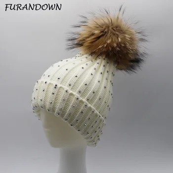 FURANDOWN 2017 New Fashion gorros diamond Beanie Hat Women Winter Fur Hats With Real Raccoon Fur pompom