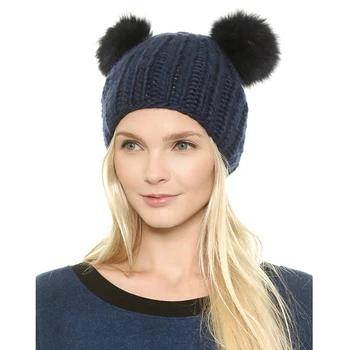 SHOWERSMILE Brand Cute Animal Hats Woman Winter Hat Pom Pom Fur Knitted Beanies With Cat Ears Solid Fashion Designer Caps Blue