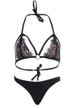 Sexy hollow out bikini set women bandage black lace swimwear micro thong biquini brazilian backless halter swimsuit bathing suit