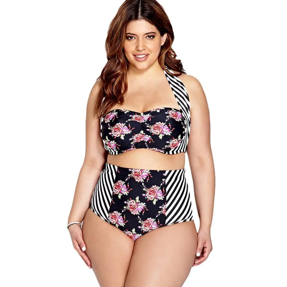 Plus size print floral vintage swimwear women big size striped halter bikini set retro high waist swimsuit leopard bathing suit