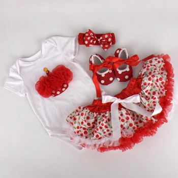 4PCs per Set Baby Girls' Cupcake Pattern Romper Cherry Printed Petti Tutu Skirt Bowtie Headband Shoes for 0-12months