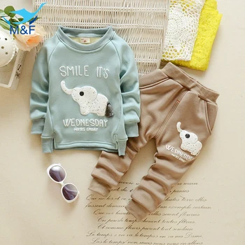 Kids Clothes Set Winter Baby Boys Cartoon Elephant Clothing Set Velvet Warm Long Sleeve T-Shirt+Pants Suit For Infant Boy